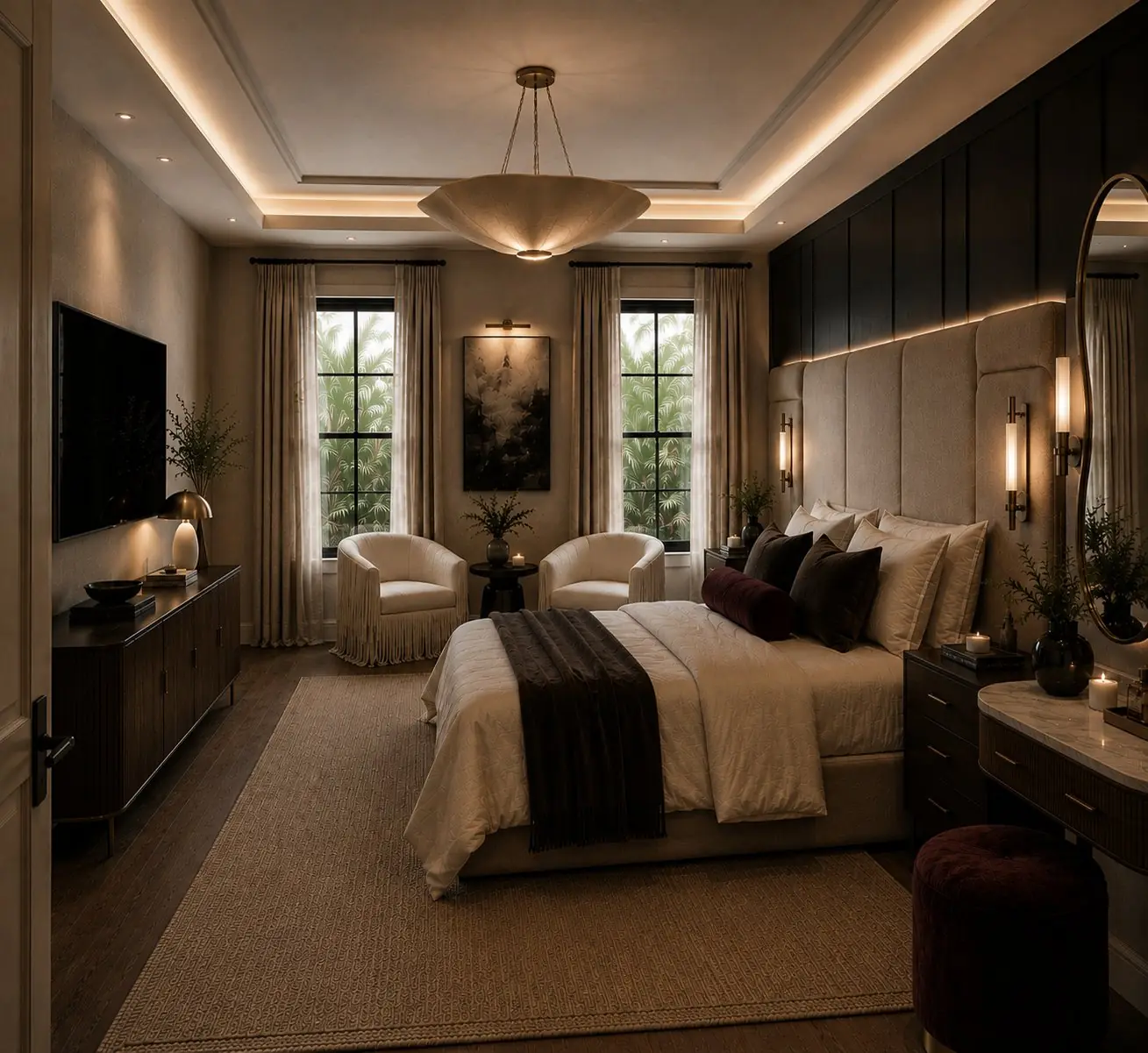 Palm Atelier primary suite with upholstered headboard wall and layered lighting