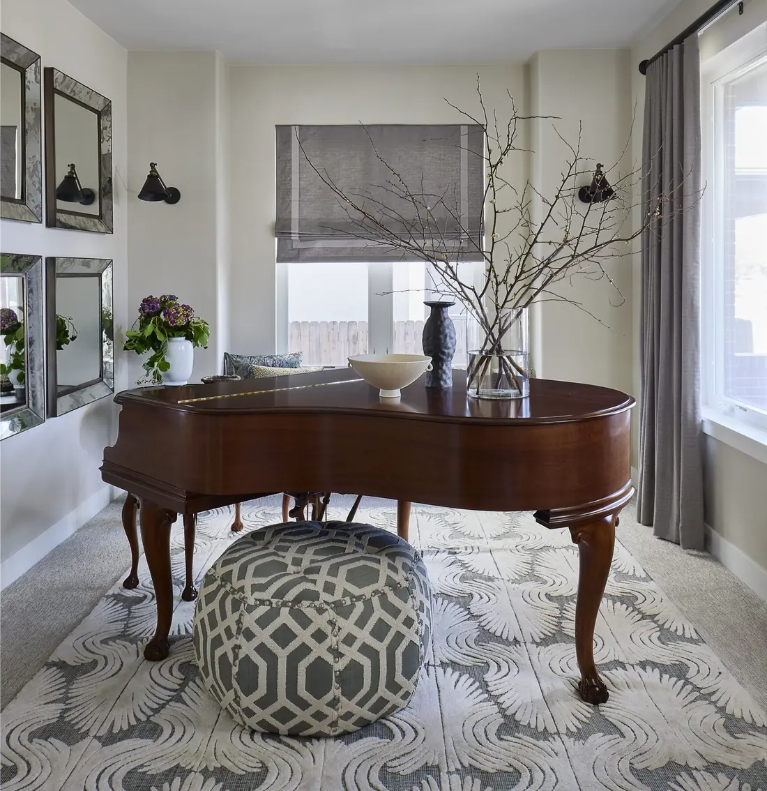 Music room with grand piano and antiqued mirror gallery